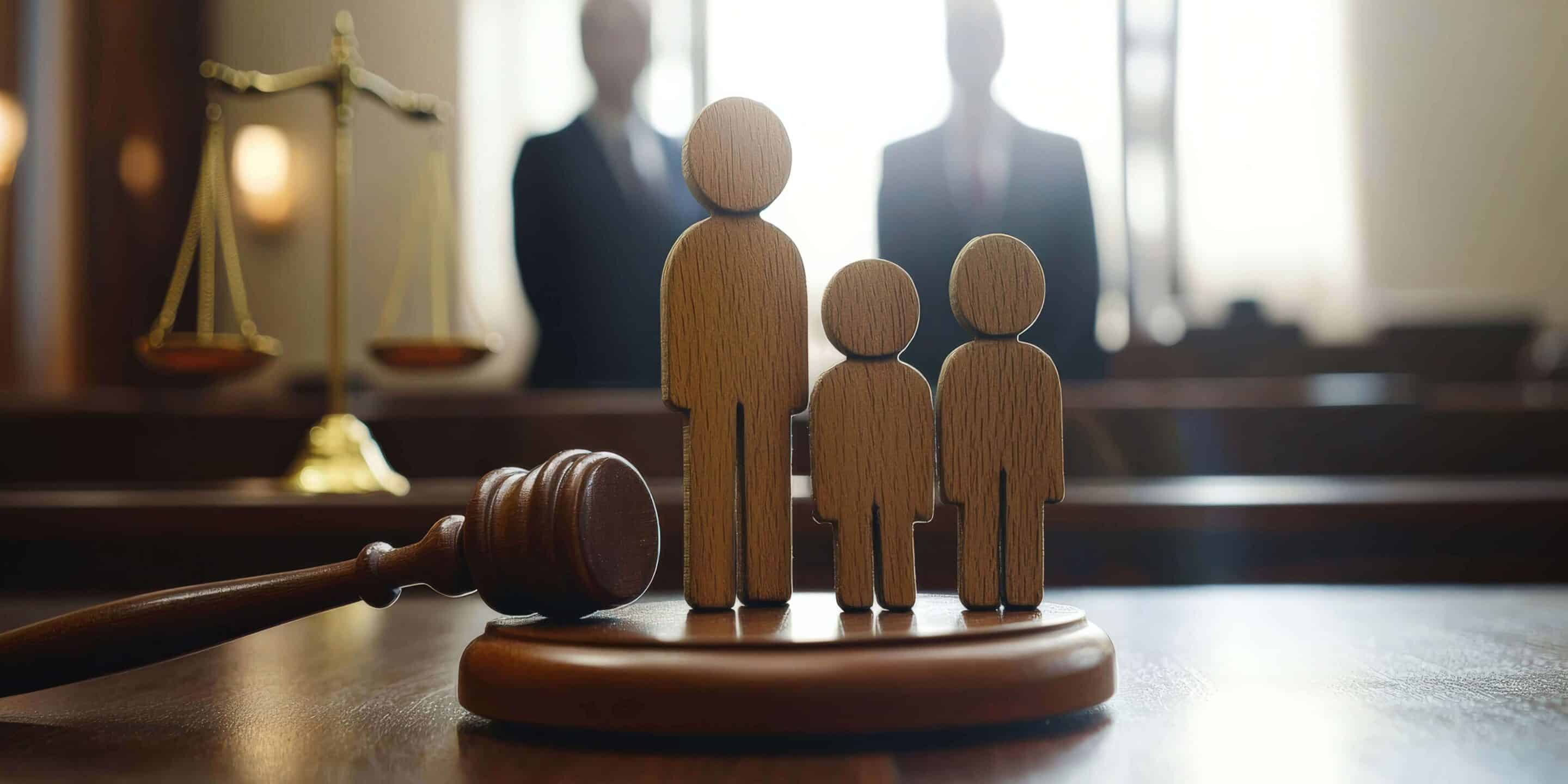 A wooden family figure and gavel placed on a judge's table in a courthouse during a court hearing, with a lawyer visible in the background.